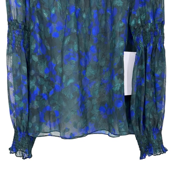 Sugarlips Blue Green Floral Smocked High Neck Blouse size Small Long Sleeves - Picture 4 of 10